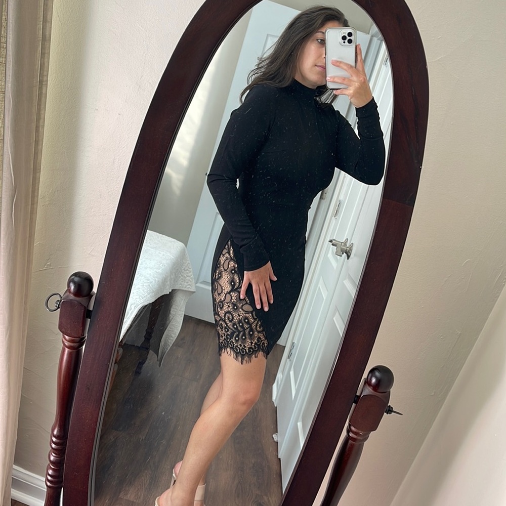 Misguided High-Neck Long Sleeve Mini Dress w/ Lace Detail